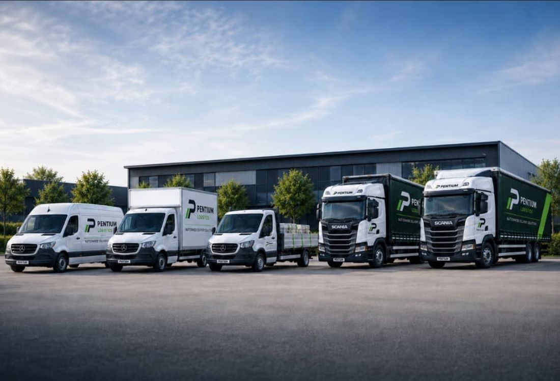 The Pentium Logistics fleet lined up: three vans and two rigids